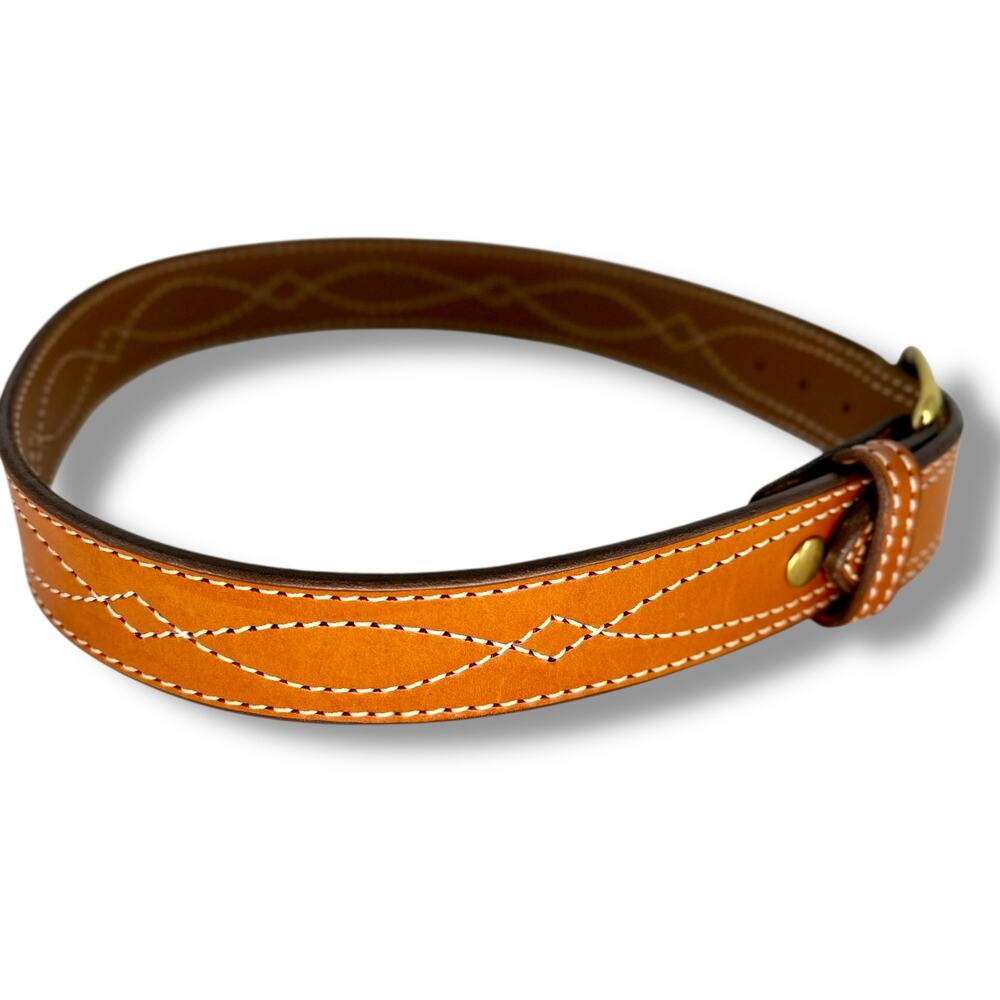 Aker Leather Belt San Diego CA Tan Fancy Stitched Brass Buckle Size 34 Western